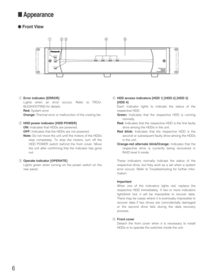 Page 66
■Appearance
●Front View
qError indicator [ERROR]
Lights when an error occurs. Refer to TROU-
BLESHOOTING for details.
Red:System error
Orange:Thermal error or malfunction of the cooling fan.
wHDD power indicator [HDD POWER]
ON:
Indicates that HDDs are powered.
OFF:Indicates that the HDDs are not powered.
Note:Do not move the unit until the motors of the HDDs
stop completely. To stop the motors, turn off the
HDD POWER switch behind the front cover. Move
the unit after confirming that the indicator has...