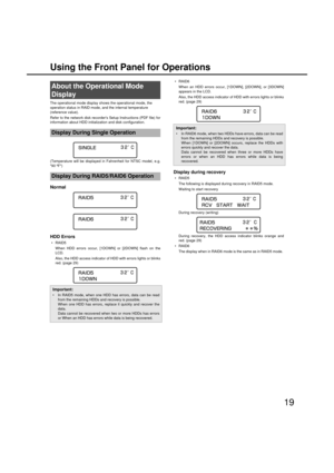 Page 1919
Usin
g the Front Panel for Operations
The operational mode display sho ws the operational mode, the 
operation status in RAID mode, and the internal temperature 
(reference value). 
Refer to the net work disk recorder s Setup Instructions (PDF file) for
information a bout HDD initialization and disk configuration. 
(Temperature  will be displayed in Fahrenheit for NTSC model, e.g.
90 ºF)
Normal 
HDD Errors 

When HDD errors occur, [1DO WN] or [2DO WN] flash on the
LCD. 
Also, the HDD access indicator...
