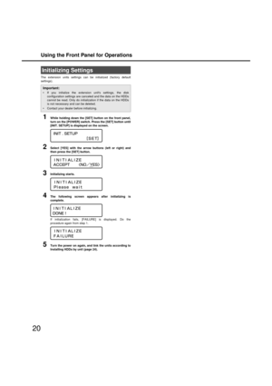 Page 20Using the Front Panel for Operations
20
The extension units settings can  be initialized (factory default
settings). 
1While holdin g down the [SET] button on the front panel,
turn on the [POWER] switch. Press the [SET] button until
[INIT. SETUP] is displayed on the screen. 
2Select [YES] with the arrow buttons (left or ri ght) and
then press the [SET] button. 
3Initializin g starts.
4The followin g screen appears after initializin g is
complete. 
If initialization fails, [FAILURE] is displayed. Do the...