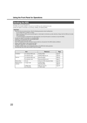 Page 22Using the Front Panel for Operations
22
Install the HDD unit provided (page 23). 
The HDDs can  be easily installed or removed from the HDD bay slots inside the front cover.
Contact your dealer for information on  purchasing, installing, and replacing HDDs.
Handling the HDD
Important:
 Hard disk drives are precise devices . Note the following precautions when handling them.
⋅ Do not su bject them to vi bration or impact.
⋅ Before touching an HDD, ground yourself against a metal o bject to eliminate any...