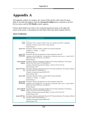 Page 132Appendix A 
 
 
128 
Appendix A 
 
This appendix outlines, by category, the various fields and the valid values for those 
fields in the table that appears when the Advanced Config button is selected on the GX 
Device screen, and the GX Details window appears. 
 
Choose which details you wish to view using the drop-down menu in the upper left 
corner of the screen. A description for each field within each detail category follows. 
 
Alarm Notification 
 
 ALARM NOTIFICATION 
Field Data 
Mode Description:...