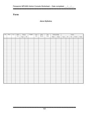 Page 155Panasonic MPU955 Admin Console Worksheet -- Date completed ___/___/___ 
 
 
151 
Form 
 
 
 
 
 
 
 
 
 
Source Acknowledge Action ID Prior Loc OSD 
Text 
Type ID Enable Auto 
Arm Allow 
Disarm One 
State 
Mode Delay Type ID Pre Dwell Name...