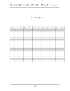 Page 161Panasonic MPU955 Admin Console Worksheet -- Date completed ___/___/___ 
 
 
157   
 
 
 
 
 
 
 
 
 
 
ID  
Boot  
Area  
Priority Time 
Out  
Model  
IPA  
EA  
485 Port  
Loc  
Name  
Serial...