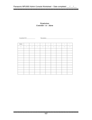 Page 171Panasonic MPU955 Admin Console Worksheet -- Date completed ___/___/___ 
 
 
167   
 
 
 
 
 
 
 
         Controller ID #    Description      
 
 
 
Alarm 
1 2 3 4 5 6 7 8 9 
10  11 12 13 14 15 16 17 18 19 
           
           
           
           
           
           
           
           
           
           
           
 
 Permissions 
Controller - to - Alarm  