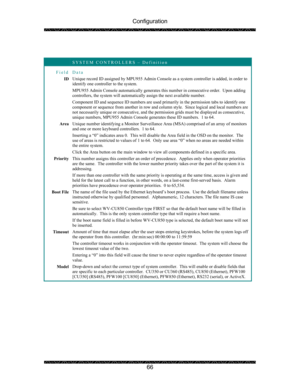 Page 70Configuration 
 
 
66   
 
 SYSTEM CONTROLLERS – Definition 
Field Data 
ID Unique record ID assigned by MPU955 Admin Console as a system controller is added, in order to 
identify one controller to the system. 
MPU955 Admin Console automatically generates this number in consecutive order.  Upon adding 
controllers, the system will automatically assign the next available number. 
Component ID and sequence ID numbers are used primarily in the permission tabs to identify one 
component or sequence from...