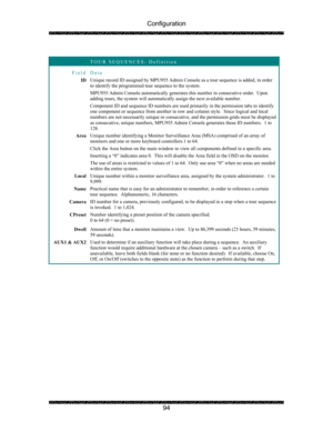 Page 98Configuration 
 
 
94   
 TOUR SEQUENCES- Definition 
Field Data 
ID Unique record ID assigned by MPU955 Admin Console as a tour sequence is added, in order 
to identify the programmed tour sequence to the system. 
MPU955 Admin Console automatically generates this number in consecutive order.  Upon 
adding tours, the system will automatically assign the next available number. 
Component ID and sequence ID numbers are used primarily in the permission tabs to identify 
one component or sequence from...