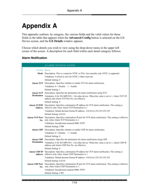 Page 119Appendix A 
 
 
114 
Appendix A 
 
This appendix outlines, by category, the various fields and the valid values for those 
fields in the table that appears when the Advanced Config button is selected on the GX 
Device screen, and the GX Details window appears. 
 
Choose which details you wish to view using the drop-down menu in the upper left 
corner of the screen. A description for each field within each detail category follows. 
 
Alarm Notification 
 
 ALARM NOTIFICATION 
Field Data 
Mode Description:...