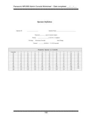 Page 155Panasonic MPU955 Admin Console Worksheet -- Date completed ___/___/___ 
 
 
150   
 
 
 
 
 
 
 
Operator ID       Operator Name     
 
 
Password  
(up to 6 numeric digits) 
 
Priority    
(1-65,534, 1 is highest) 
 
Privilege:   Permission Override     Area Change 
 
Timeout  
(00:00:01 – 11:59:59 seconds) 
 
 
 
Permission:  Operator - to –Controller 
Controller 1 2 3 4 5 6 7 8 9 10  11 12 13 14 15 16 17 18 19 20  21 22 23 24 25 26 27 28 29 30  31 32 33 34 35 36 37 38 39 40  41 42 43 44 45 46 47 48...