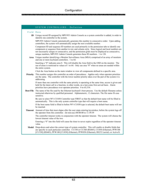 Page 68Configuration 
 
 
63   
 SYSTEM CONTROLLERS – Definition 
Field Data 
ID Unique record ID assigned by MPU955 Admin Console as a system controller is added, in order to 
identify one controller to the system. 
MPU955 Admin Console automatically generates this number in consecutive order.  Upon adding 
controllers, the system will automatically assign the next available number. 
Component ID and sequence ID numbers are used primarily in the permission tabs to identify one 
component or sequence from...