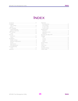 Page 26MPU955 Time Management Utility   INDEX 
 
MPU955 Time Management Utility 
25 INDEX  
 
INDEX 
 
Acronyms .........................................................................21 
Configure 
CPU settings .................................................................16 
phases ...........................................................................11 
CPU changing 
manual date/time...........................................................17 
quick set date/time...