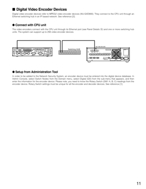 Page 1111
Digital Video Encoder Devices
Digital video encoder devices refer to MPEG2 video encoder devices (WJ-GXD900). They connect to the CPU unit through an
Ethernet switching hub in an IP based network. See reference [2].
Connect with CPU unit
The video encoders connect with the CPU unit through its Ethernet port (see Panel Detailsy) and one or more switching hub
units. The system can support up to 256 video encoder devices.
Setup from Administration Tool 
In order to be added to the Network Security...