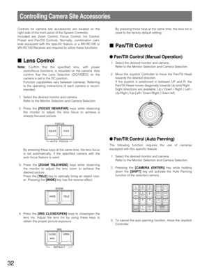 Page 3232
Controlling Camera Site Accessories
Controls for camera site accessories are located on the
right side of the front panel of the System Controller.
Included are Zoom Control, Focus Control, Iris Control,
Preset and Pan/Tilt Controls. Normally, combination cam-
eras equipped with the specific feature or a WV-RC100 or
WV-RC150 Receiver are required to utilize these functions.
Lens Control
Note:Confirm that the specified lens, with power
zoom/focus functions, is mounted on the camera. Also
confirm that...