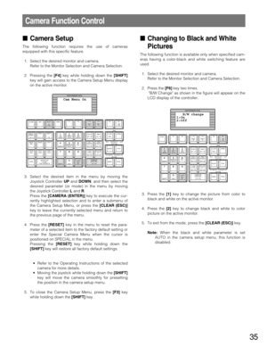 Page 3535
Camera Function Control
Camera Setup
The following function requires the use of cameras
equipped with this specific feature.
1. Select the desired monitor and camera.
Refer to the Monitor Selection and Camera Selection.
2. Pressing the [F4]key while holding down the [SHIFT]
key will gain access to the Camera Setup Menu display
on the active monitor.
3. Select the desired item in the menu by moving the
Joystick Controller UPand DOWN, and then select the
desired parameter (or mode) in the menu by...