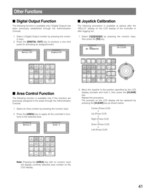 Page 4141
Other Functions
Digital Output Function
The following function is available only if Digital Outputs has
been previously established through the Administration
Console.
1. Select a Digital Output number by pressing the numer-
ic keys.
2. Press the [DIGITAL OUT]key to produce a one shot
pulse for activating an assigned event.
Area Control Function
The following function is available only if the monitors are
previously assigned to the areas through the Administration
Console.
1. Select an Area number...