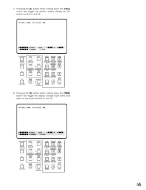 Page 5555
5. Pressing the [5]button while holding down the [OSD]
button will toggle the monitor status display on the
active monitor on and off.
6. Pressing the [6]button while holding down the [OSD]
button will toggle the display except clock (time and
date) on the active monitor on and off.
07/07/1999  03:37:21 PM
M AREA1   ALM    T R  A
C CAMERA   TITLE
AUX1 OFFALM S
CAM IDT&D
AUX1 ONVLD S
NEXTPREV
S-CTL ID
STOPPAUSE
CAM MENU ON CAM MENU OFFTOUR
SEQGROUP
SEQ
MONITOR
LOCK
OSD SERVICECAM FUNC...