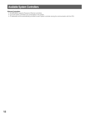 Page 1818
Ethernet Controllers
• WJ-MPU955A supports Panasonic Ethernet controllers.
• Up to 64 system controllers are connectable in the system.
• IP addresses will be automatically provided to each system controller during the communication with the CPU.
Available System Controllers 