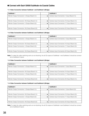 Page 3838
SubNode 5 SubNode 4 SubNode 2
38
Connect with Each SX650 SubNode via Coaxial Cables
*1-1 Video Connection between SubNode 1 and SubNode 3 (Bridge)
SubNode 1 SubNode 3
Monitor Output Connectors 1 (Output Board (1)) Camera Input Connecters 1 (Input Board (1))
::
Monitor Output Connectors 16 (Output Board (1)) Camera Input Connecters 16 (Input Board (1))
Monitor Output Connectors 1 (Output Board (2)) Camera Input Connecters 17 (Input Board (1))
::
Monitor Output Connectors 16 (Output Board (2)) Camera...