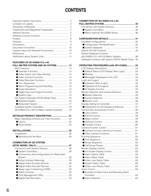 Page 66
CONTENTS
Important Safety Instructions ........................................... 4
Limitation of Liability ........................................................ 5
Disclaimer of Warranty .................................................... 5
Trademarks and Registered Trademarks......................... 5
Network Security .............................................................. 5
Software License (Licence)  ............................................. 5
Preface...