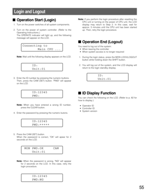 Page 5555
Operation Start (Login)
1. Turn on the power switches of all system components.
2. Turn on the power of system controller. (Refer to the
Operating Instructions.)
The OPERATE indicator will light up, and the following
message will appear on the LCD.
Note:Wait unitl the following display appears on the LCD.
3. Enter the ID number by pressing the numeric buttons.
Then, press the CAM (SET) button. PWD will appear
on the LCD.
Note:When you have entered a wrong ID number,
press the CLEAR button.
4. Enter...