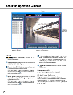 Page 1010
About the Operation Window
Tool bar
(Status display area):Indicates the cur-
rent playback status.
[Search] button:Click this button to start searching
recording events to be played.
[Save] button:Click this button to save the current-
ly displayed paused playback image.
(This button works only when the paused playback
image is displayed. It doesn’t work when the save
button is displayed as  .)
[Print] button:Click this button to print the currently
displayed paused playback image using a printer...