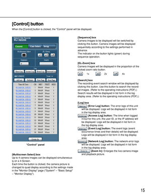 Page 1515
[Control] button
When the [Control] button is clicked, the Control panel will be displayed.
[Multiscreen Select] box
Up to 4 camera images can be displayed simultaneous-
ly on a 4-Screen.
Each time the button is clicked, the camera picture is
changed to quad display according to the settings made
in the Monitor Display page (System – Basic Setup
– Monitor Display).Control panel[Sequence] box
Camera images to be displayed will be switched by
clicking this button. Camera images will be displayed...