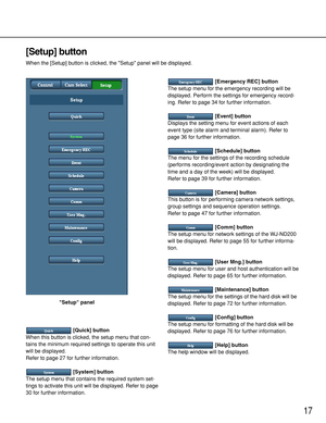 Page 1717
[Setup] button
When the [Setup] button is clicked, the Setup panel will be displayed.
[Emergency REC] button
The setup menu for the emergency recording will be
displayed. Perform the settings for emergency record-
ing. Refer to page 34 for further information.
[Event] button
Displays the setting menu for event actions of each
event type (site alarm and terminal alarm). Refer to
page 36 for further information.
[Schedule] button
The menu for the settings of the recording schedule
(performs...