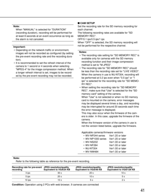 Page 4141
Note:
When MANUAL is selected for DURATION
(recording duration), recording will be performed for
at least 8 seconds at an event occurrence as long as
the alarm is not canceled.
Important:
•Depending on the network traffic or environment,
images will not be recorded as configured (by setting
the pre-event recording rate and the recording dura-
tion).
•It is recommended to set the refresh interval of the
camera to 1 second or 4 seconds when selecting
MPEG-4 for the image compression method. When
a...