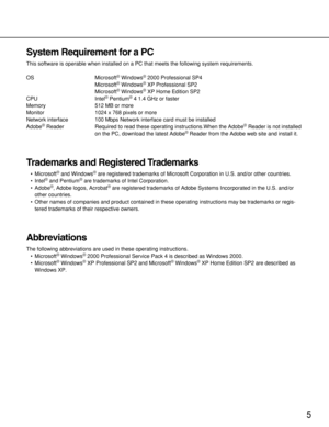 Page 55
System Requirement for a PC
This software is operable when installed on a PC that meets the following system requirements.
OS Microsoft
®Windows®2000 Professional SP4
Microsoft®Windows®XP Professional SP2
Microsoft®Windows®XP Home Edition SP2
CPU Intel®Pentium®4 1.4 GHz or faster
Memory 512 MB or more
Monitor 1024 x 768 pixels or more
Network interface 100 Mbps Network interface card must be installed
Adobe
®Reader Required to read these operating instructions.When the Adobe®Reader is not installed
on...