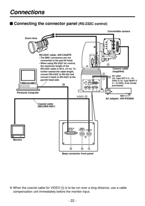 Page 22- 22 -
Connections
$Connecting the connector panel(RS-232C control)
Zoom lens
Personal computer
Base connector front panelConvertible camera
AC adapter: AW-PS300A
MonitorCamera cable
(supplied) RS-232C cable: AW-CA28T9
• The BNC connectors are not
connected to the pan/tilt head.
• When using RS-232C for control,
the maximum length of the 
RS-232C cable is 50 ft. (15 m). To
further extend the cable length,
convert RS-232C to RS-422 and
convert it back to RS-232C at the
pan/tilt head side.
Coaxial cable...