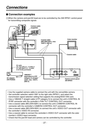Page 27- 27 -
Connections
$Connection examples
1When the camera and pan/tilt head are to be controlled by the AW-RP501 control panel
for transmitting composite signals
• Use the supplied camera cable to connect the unit with the convertible camera.
• Set controller selection switch SW1 to the right side (RP501), and select the
transmission signal selection setting that supports the analog/IEEE1394 card.
• Use a 10BASE-T straight cable (UTP category 5) to connect the unit’s CONTROL IN
IP/RP connector with the...