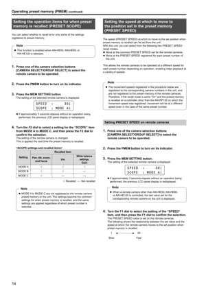 Page 1414
Setting the operation items for when preset 
memory is recalled (PRESET SCOPE)
You can select whether to recall all or only some of the settings 
registered to preset memory .
zzThis function is enabled when 

AW‑HE50, AW‑HE60, or 
AW‑HE120 is selected
 .
Note
1 . Press one of the camera selection buttons 
[CAMERA
 
SELECT/GROUP
 
 SELECT] to select the 
remote camera to be operated
 .
2 . Press the PMEM button to turn on its indicator .
3 . Press the MEM SETTING button .The setting of the selected...