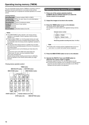 Page 1818
Operating tracing memory (TMEM)
The unit incorporates tracing memory (TMEM) for recording a series of 
operations that were performed for a connected remote camera .
This feature allows you to duplicate the recorded operations of a remote 
camera

 .

Recording target Camera numbers CAM1 to CAM10
Functions that 
can be recorded Pan, tilt, zoom, focus, iris, and white balance 
mode
Recording time Up to 5 minutes per camera
Number of 
recording 
memory Up to 10 per camera
Record buttons Number buttons...