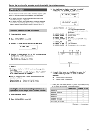 Page 3535
CAM INF function
You can display the remote camera setting information acquired by the 
unit on the switcher AUX bus output images or multi view images .
zzThe setting information for the remote cameras included in the 
selected camera group is displayed

 .
zzThe setting information for a remote camera connected via a serial 
connection is displayed only when the camera is selected with a 
camera selection button [CAMERA
 

SELECT/GROUP SELECT]  .
Enabling or disabling the CAM INF function
1 . Press...