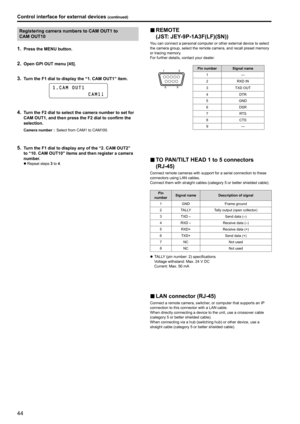 Page 4444
Registering camera numbers to CAM OUT1 to 
CAM   OUT10
1 . Press the MENU button .
2 . Open GPI OUT menu [45] .
3 . Turn the F1 dial to display the “1  .  CAM   OUT1” item  .
1 . C A M   O U T 1
                      C A M 1
4 . Turn the F2 dial to select the camera number to set for 
CAM OUT1, and then press the F2 dial to confirm the 
selection
 .
Camera number : Select from CAM1 to CAM100  .
5 . Turn the F1 dial to display any of the “2 . CAM OUT2” 
to “10  .  CAM   OUT10” items and then register a...