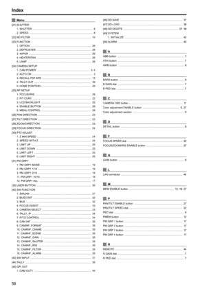 Page 5858
Index
xxMenu
[21] SHUTTER1  .  SHUTTER    . . . . . . . . . . . . . . . . . . . . . . . . . . . . . . . . . . . . . . . . . . . . . . . . . . . . . . . . . . . . . . . . . . . . . . . . . . . . . . . . . . .
 8
2

 .  SPEED 
 . . . . . . . .
  . . . . . . . . . . . . . . . . . . . . . . . . . . . . . . . . . . . . . . . . . . . . . . . . . . . . . . . . . . . . . . . . . . . . . . . . . . . . . . . .
 8
[22] ND FIL

TER    . . . . . . . . . . . . . . . . . . . . . . . . . . . . . . . . . . . . . . . ....