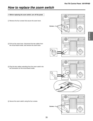 Page 35Pan/Tilt Control Panel  AW-RP400
AW-RP400
35
How to replace the zoom switch
1Remove the four screws that secure the zoom lever.
2Pull out the zoom lever, disconnect the two cables from
the circuit board inside, and remove the zoom lever.
3Plug the two cables extending from the zoom switch into
the connectors on the circuit board inside.
4Secure the zoom switch using the four screws.
Screws!4
Screws!4
❈Before replacing the zoom switch, turn off the power. 