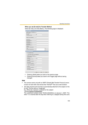 Page 103Operating Instructions
103
When you set [E-mail] for Transfer Method
Select [E-mail], and click [Next>]. The following page is displayed.
 Clicking [