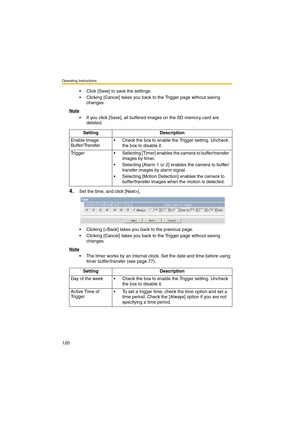 Page 120Operating Instructions
120
 Click [Save] to save the settings.
 Clicking [Cancel] takes you back to the Trigger page without saving 
changes.
Note
 If you click [Save], all buffered images on the SD memory card are 
deleted.
4.Set the time, and click [Next>].
 Clicking [