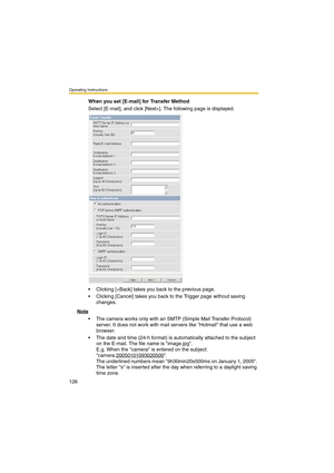 Page 126Operating Instructions
126
When you set [E-mail] for Transfer Method
Select [E-mail], and click [Next>]. The following page is displayed.
 Clicking [