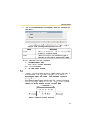 Page 129Operating Instructions
129
9.After you confirm the settings and click [Next>], set E-mail notification and 
click [Next>].
 If you select [Enable], the E-mail Notification When Triggered page is 
displayed. Enter the settings referring to page 127–128.
10.Click [Save] after confirming the settings.
 The new settings are saved.
 When finished, Success! is displayed.
11.Click [Go to Trigger page].
 The Trigger page is displayed.
Note
 If you set a short interval when transferring images to a cell...