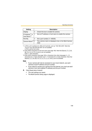 Page 149Operating Instructions
149
Note
 If your camera will only be accessed on your local network, use each 
cameras local IP address and port number.
 If you intend to access your camera from the Internet, you must use each 
cameras host name (global IP address) and the port number.
4.Click [Save] when finished.
 The new settings are saved.
 The Multi-Camera Setup page is displayed.Setting Description
Display  Check this box to enable the camera.
IP Address
*1 or 
Host Name*2
*1 In IPv4, set 4 numbers...