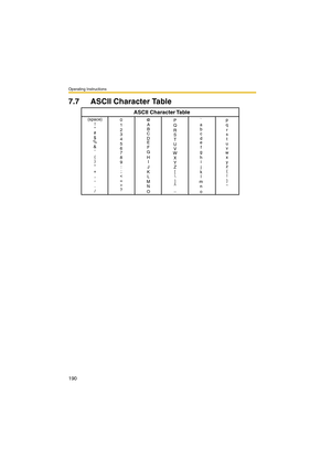 Page 190Operating Instructions
190
7.7 ASCII Character Table
(space)
!

#
$
%
&

(
)
*
+
,
-
.
/0
1
2
3
4
5
6
7
8
9
:
;
<
=
>
?
ASCII Character Table
@
A
B
C
D
E
F
G
H
I
J
K
L
M
N
OP
Q
R
S
T
U
V
W
X
Y
Z
[
\
]
^
_`
a
b
c
d
e
f
g
h
i
j
k
l
m
n
op
q
r
s
t
u
v
w
x
y
z
{
|
}
~ 