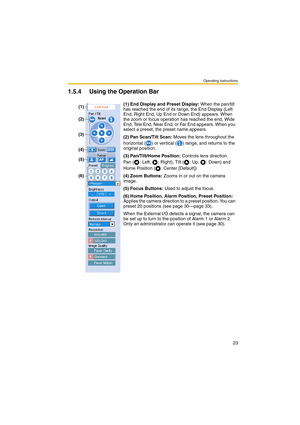 Page 23Operating Instructions
23
1.5.4 Using the Operation Bar
(1) End Display and Preset Display: When the pan/tilt 
has reached the end of its range, the End Display (Left 
End, Right End, Up End or Down End) appears. When 
the zoom or focus operation has reached the end, Wide 
End, Tele End, Near End, or Far End appears. When you 
select a preset, the preset name appears.
(2) Pan Scan/Tilt Scan: Moves the lens throughout the 
horizontal ( ) or vertical ( ) range, and returns to the 
original position.
(3)...