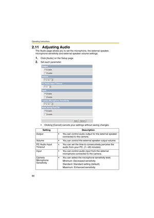 Page 86Operating Instructions
86
2.11 Adjusting Audio
The Audio page allows you to set the microphone, the external speaker, 
microphone sensitivity and external speaker volume settings.
1.Click [Audio] on the Setup page.
2.Set each parameter.
 Clicking [Cancel] cancels your settings without saving changes.
Setting Description
Output  You can control audio output for the external speaker 
connected to the camera.
Volume  You can control the external speaker output volume.
PC Audio Input 
Timeout  You can...