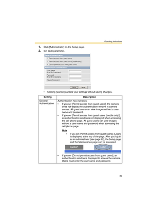 Page 89Operating Instructions
89
1.Click [Administrator] on the Setup page.
2.Set each parameter.
 Clicking [Cancel] cancels your settings without saving changes.
Setting Description
General 
AuthenticationAuthentication has 3 phases.
 If you set [Permit access from guest users], the camera 
does not display the authentication window in camera 
access. All guest users can view images without a user 
name and password.
 If you set [Permit access from guest users (mobile only)], 
an authentication window is...