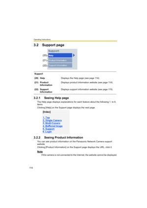 Page 114Operating Instructions
11 4
3.2Support page
3.2.1 Seeing Help page
The Help page displays explanations for each feature about the following 1. to 6. 
items.
Clicking [Help] on the Support page displays the next page.
3.2.2 Seeing Product Information
You can see product information on the Panasonic Network Camera support 
website.
Clicking [Product Information] on the Support page displays the URL, click it.
Note
If the camera is not connected to the Internet, the website cannot be displayed. Support
(20)...