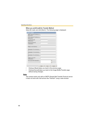 Page 86Operating Instructions
86
When you set [E-mail] for Transfer Method
Select [E-mail], and click [Next>]. The following page is displayed.
• Clicking [