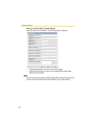 Page 96Operating Instructions
96
When you set [E-mail] for Transfer Method
Select [E-mail], and click [Next>]. The following page is displayed.
• Clicking [