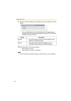 Page 98Operating Instructions
98
9.After you confirm the settings and click [Next>], set E-mail notification and click 
[Next>].
• If you select [Enable], the E-mail Notification When Triggered page is 
displayed. Enter the settings seeing page 96 and page 97. When finished, 
click [Next>] and go to step 10.
10.Click [Save] after confirming the settings.
• New settings are saved.
• When finished, "Success!" is displayed.
Note
If you click [Save], all buffered images on the SD memory card are...