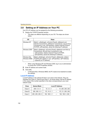 Page 132Operating Instructions
132
3.8 Setting an IP Address on Your PC
Your PC's IP address can be assigned by the following procedures.
1.Display the TCP/IP Properties window.
• The steps are different depending on your OS. The steps are shown 
below.
• When using Windows XP and Windows 2000, log in as an administrator 
to access the TCP/IP Properties window.
2.Enter IP address and subnet mask.
3.Click [OK].
• In Windows Me or Windows 98SE, the PC needs to be restarted to enable 
the settings.
Local IP...